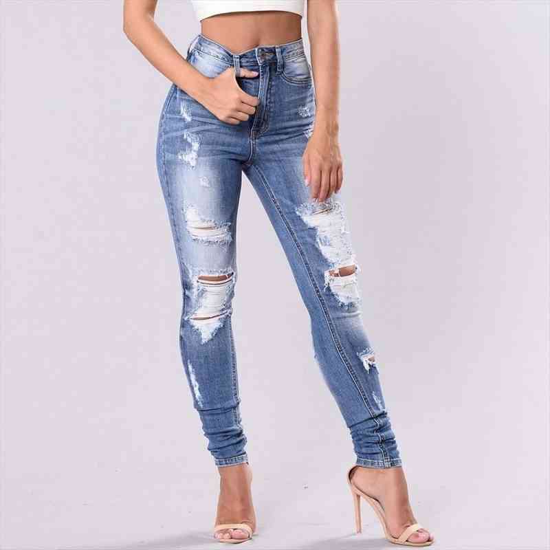 

fashion bohemia high-waisted hole women jean button pants zipper denim trousers with ripped pockets pantalones de mujer, Blue