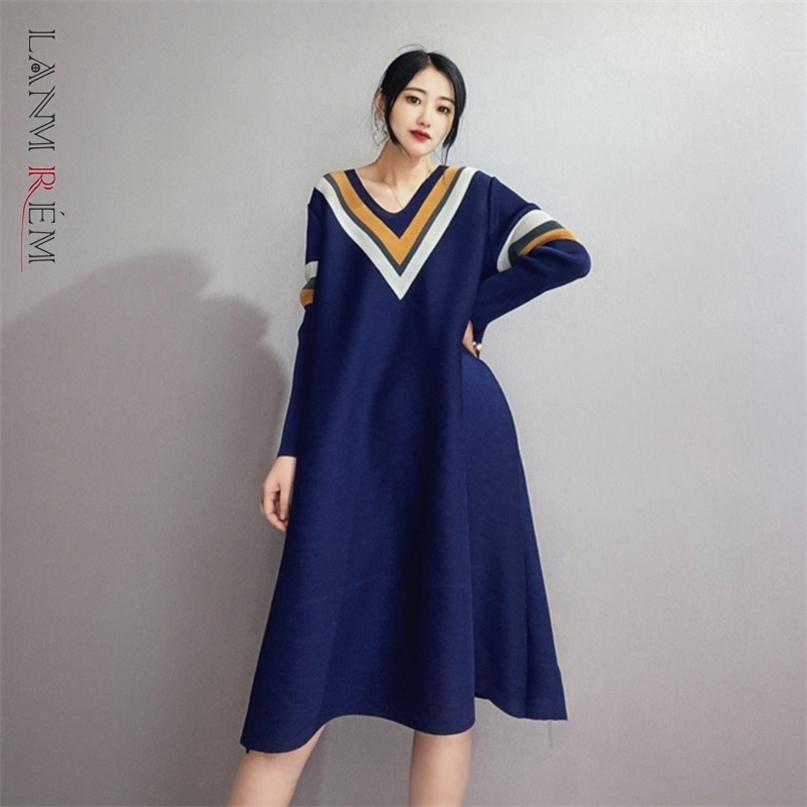 

Patchwork Pleated Dress For Women Spring Summer Large Size Women's Sexy V Collar Loose Elastic Dresses YJ304 210526, Dark blue