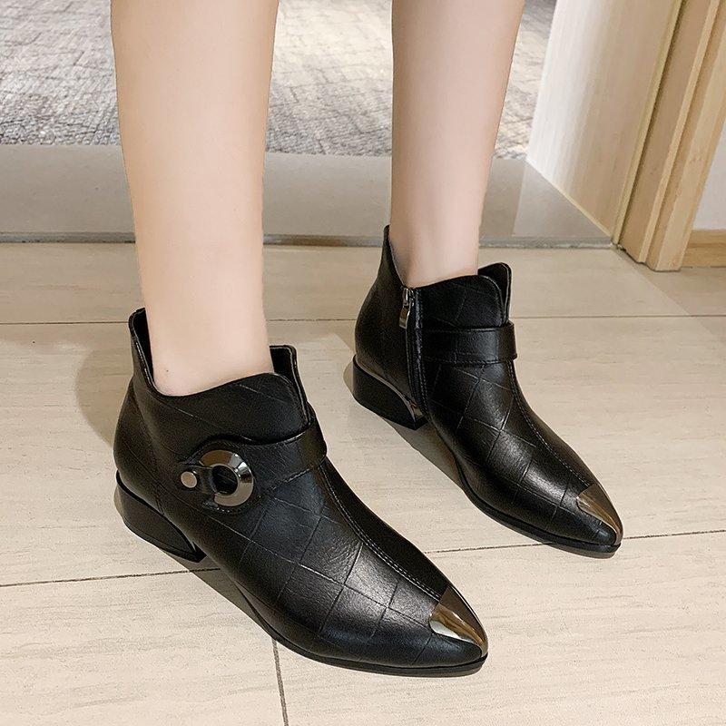 

Women's Boots Autumn Short Thick Heel Casual Shoes Bare Small Leather Mid-heel, Black