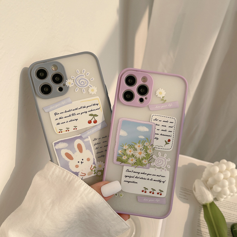 

Ins Cartoon Flowers Phone Cases For iphone 12 11 pro max x xr xsmax 7 8 plus se2020 Purple Camera Lens Protetion Cover