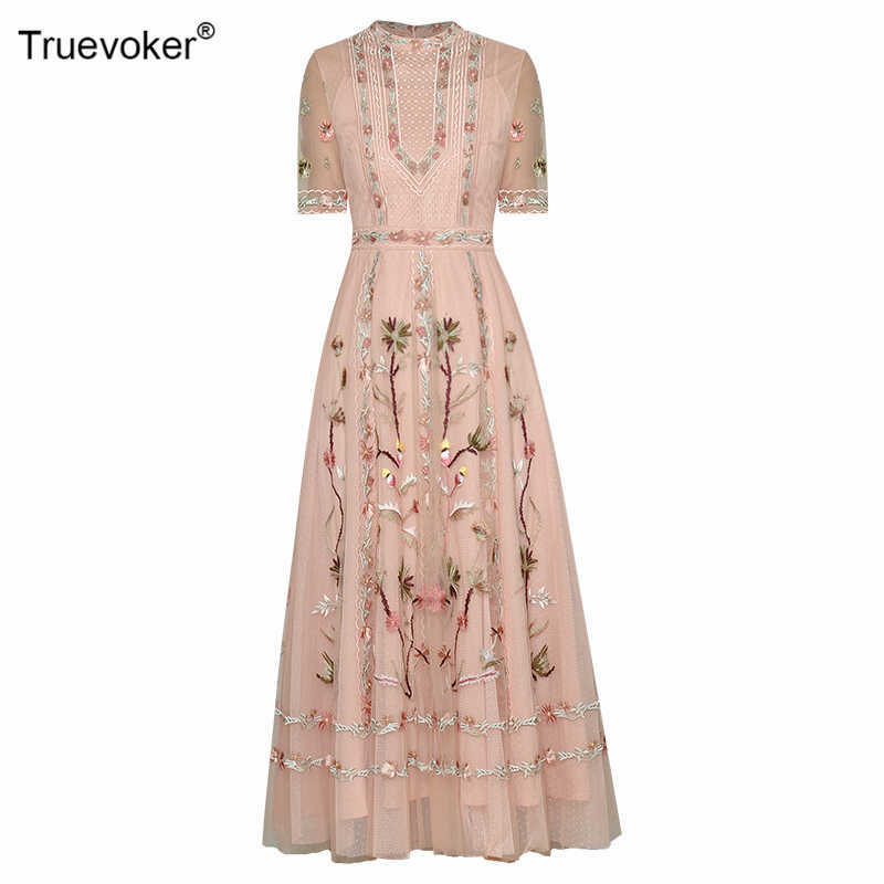 

Truevoker European Summer Holiday Lace Long Dresse's Short Sleeves Floral Embroidery Elegant Ladies Party Vestidos 210602, Pink