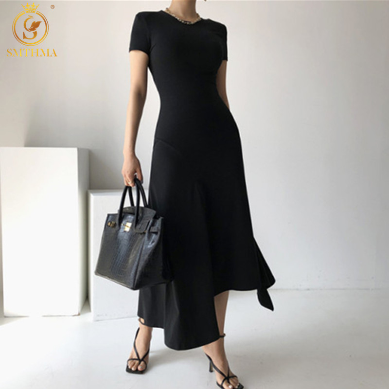 

Women Black Temperament Asymmetrical Dress O-Neck Short Sleeve Fashion Solid Summer Vestidos 210520, Photo color