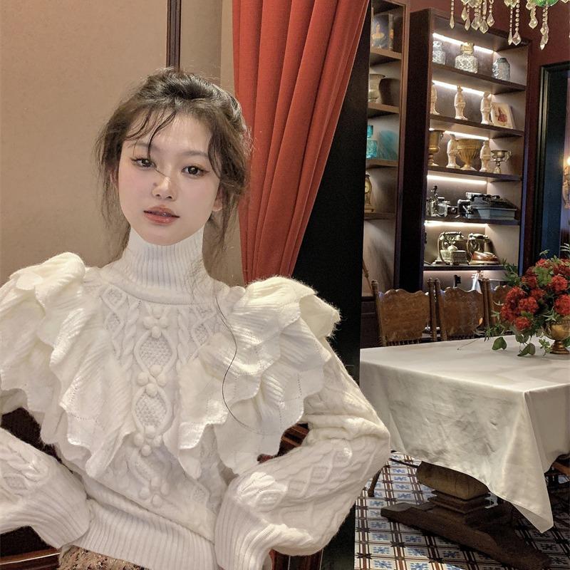 

Women's Sweaters Japanese Autumn Winter Women Pullovers Korean Turtleneck Long Sleeve Ruffles Elegant Sweater Sueter Mujer 2022, White;black