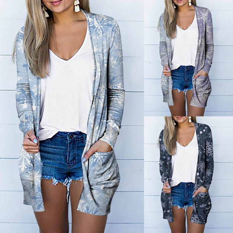 

Women' Jackets Cardigan Ladies V-neck Print Outerwear Coat Womens Long Sleeve Pockets, Blue