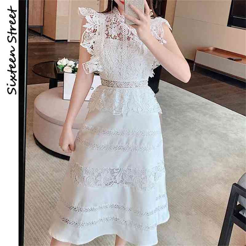 

White Lace Embroidery Dresses Woman High Waist O-neck Short Sleeve Vestido Mujer Vintage Elegant Party Mid Dress Female 210603