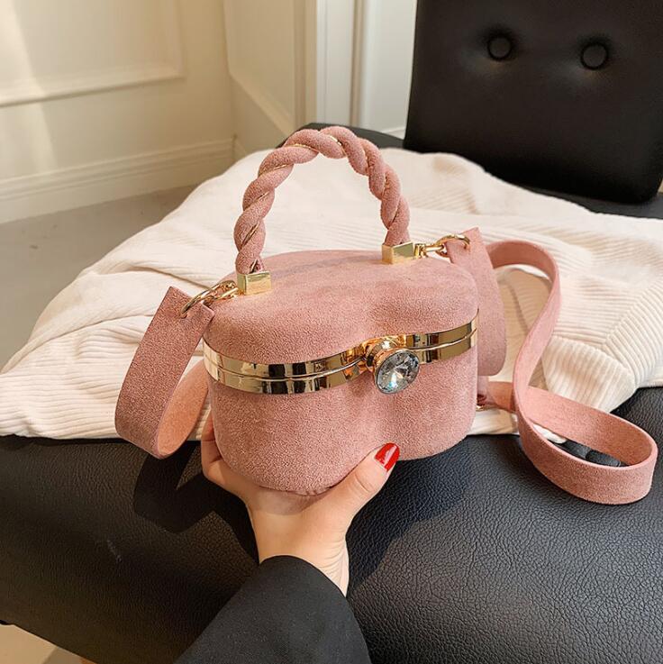 

Factory wholesale women dinner bag winter solid color frosted leather handbags sweet and lovely diamond handbag simple round hard box bucket bags 7 colors, Brown(boutique box)