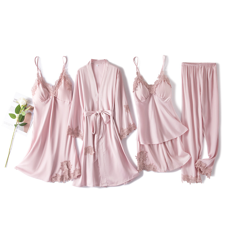 

Women Pijama 5 Pcs Set Sexy Ladies Pyjama Sleepwear Women Pajama Sets Sleep Lounge with Chest Pads Home Wear, Champagne