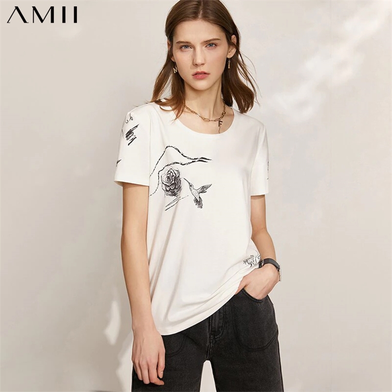 

Amii Minimalism Summer Women' Tshirt Causal Oneck Printed Short Sleeve Tops Streetwear Female 12140228 210708, Beige