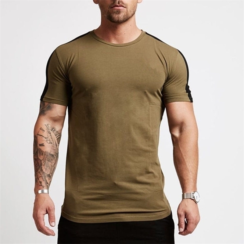

Casual Cotton Solid t shirt Men Gyms Fitness Short sleeve T-shirt Male Bodybuilding Workout Tees Tops Summer New Clothes Apparel 210408, Army green 2