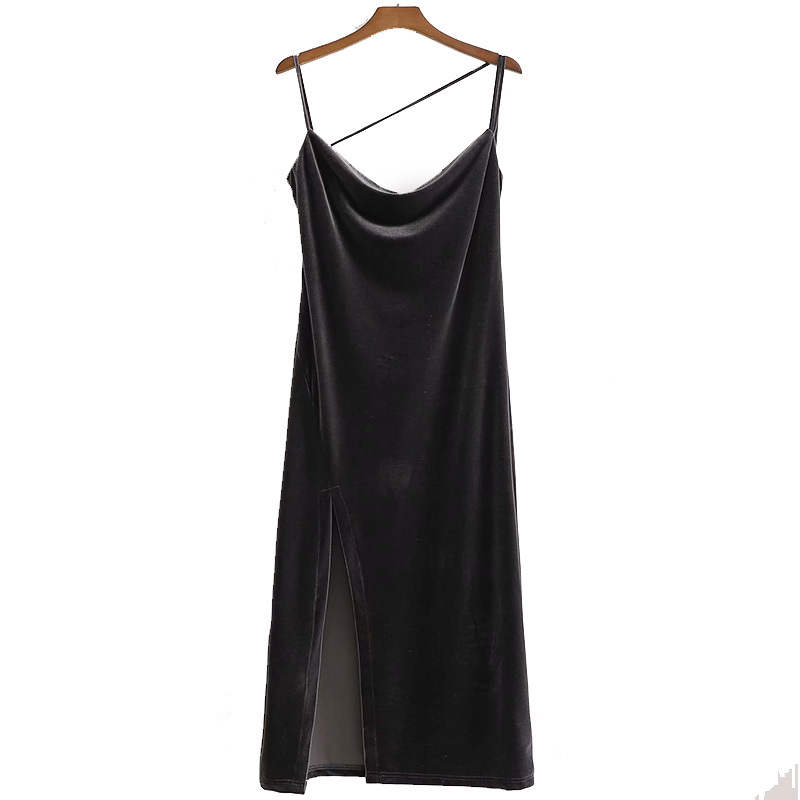

Summer Women Fashion Elegant Simplicity Split Sling Dress Female Party Backless Velvet Dresses 210520, Black
