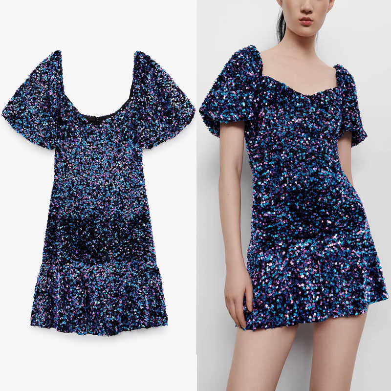 

Za Vintage Sequin Mini Dress Women Short Puff Sleeve Elegant Party Dresses Female Chic Back Hidden Zip Ruching Vestido 210602, Blue