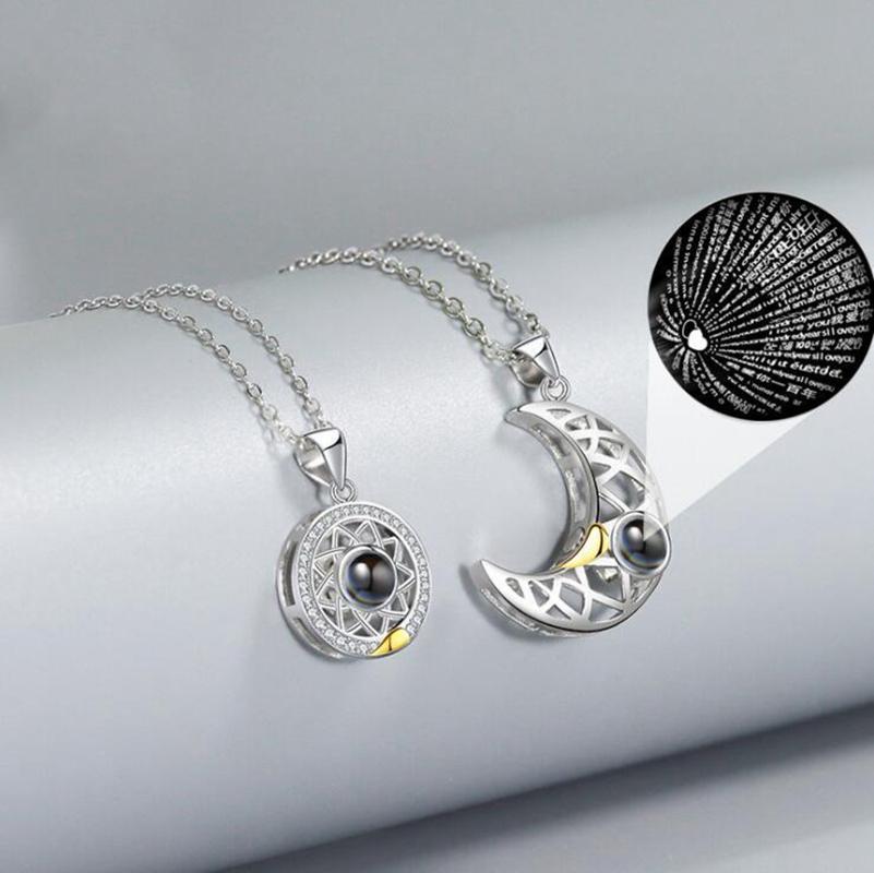 

Pendant Necklaces Sun Moon 100 Languages I Love You Projection Couples Necklace Matching Magnetic Friendship, Silver