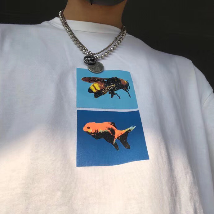 

Men's T-Shirts Mens Designer T Shirts Bee Goldfish Printing O-neck Cotton Short Sleeve T-shirt High Street Casual, White