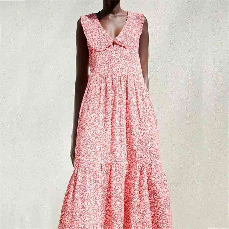 

Summer Women long dress Peter pan Collar collar print Sleeveless Ruffle pleated Beach Dress 210524, Red