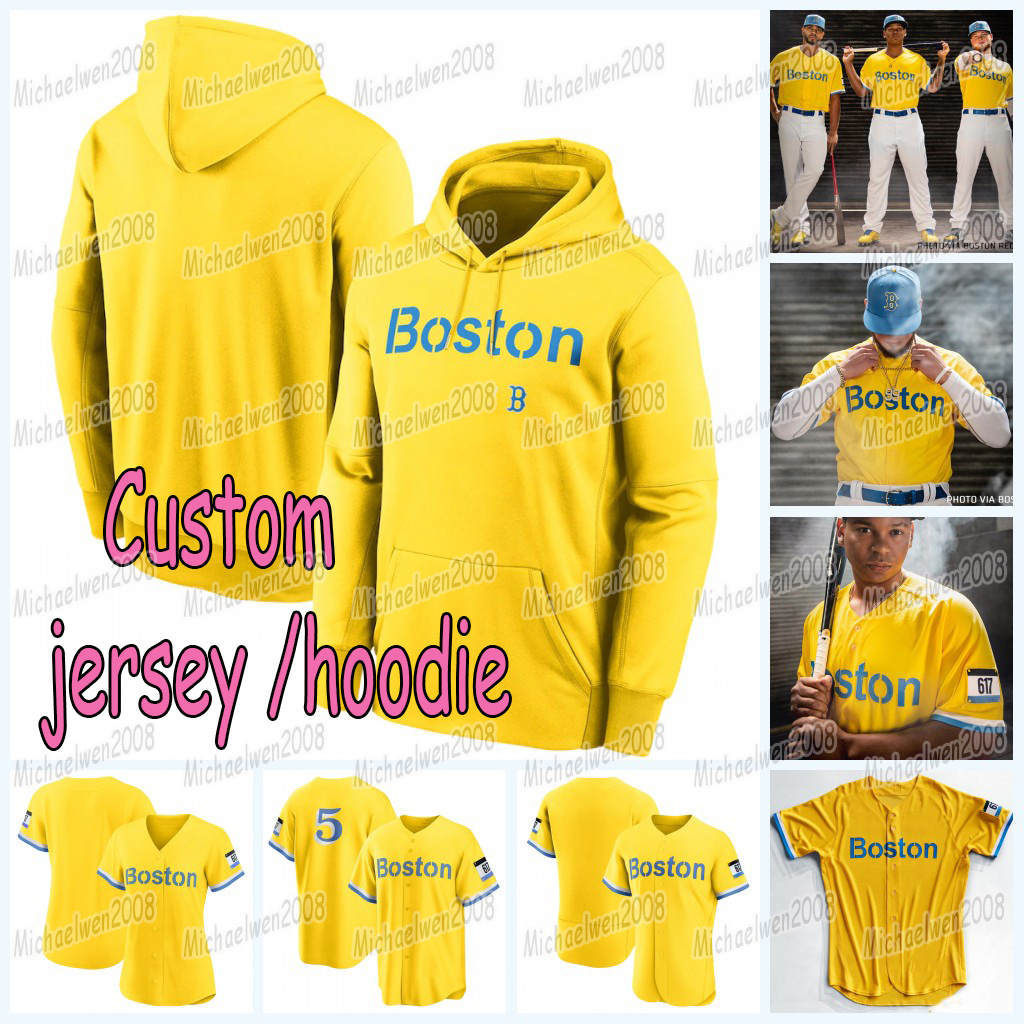

Boston 2021 City Connect jersey custom hoodie Marwin Gonzalez Rafael Devers Xander Bogaerts Christian Arroyo Enrique Hernandez J.D. Martinez, Blue;black