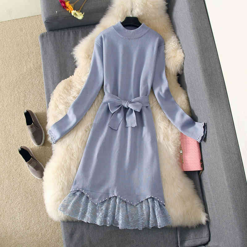 

skirt High Quality Korean Casual Christmas Knitting Autumn Winter Two Piece Women Sweater Dress + Sweet Lace Set Suits NAC5, Black