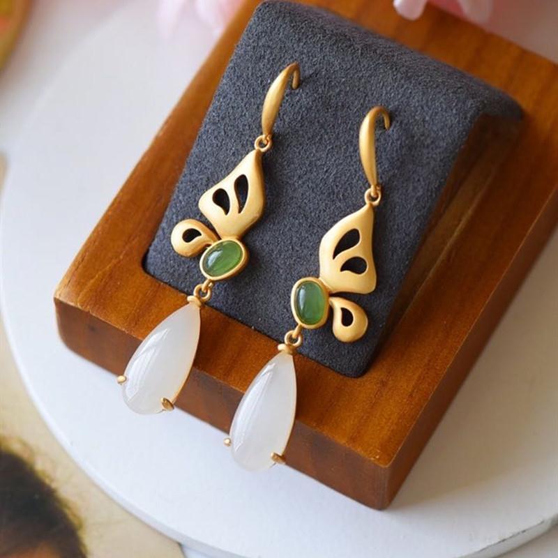 

Dangle & Chandelier Original Natural Hetian White Jade Butterfly Drop Shaped Earrings Chinese Style Retro Minority Design Women's Winter Jew, Silver