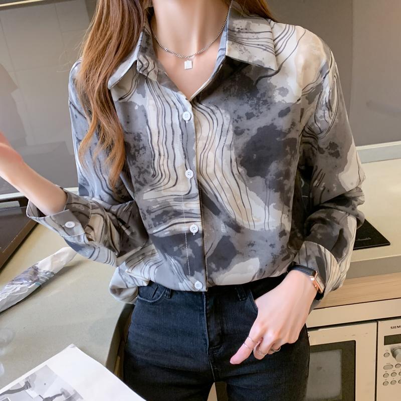 

Women's Blouses & Shirts Fashion Shirt Print Floral Tops For Women Long Sleeve Top Woman Button Up Neck Autumn 2021 Basic Ulzzang Cloth, White