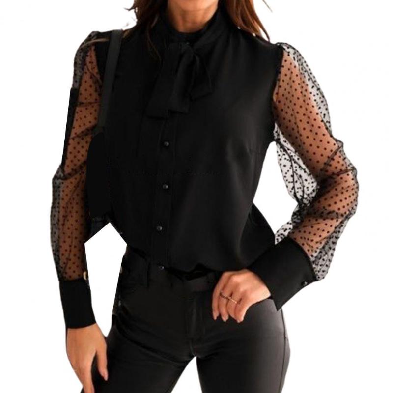 

Sexy Women Lace Blouses Shirts See Through Dot Print Mesh Long Sleeve Blouse Bowknot O Neck Ladies Elegant Shirt Tops Women, Black