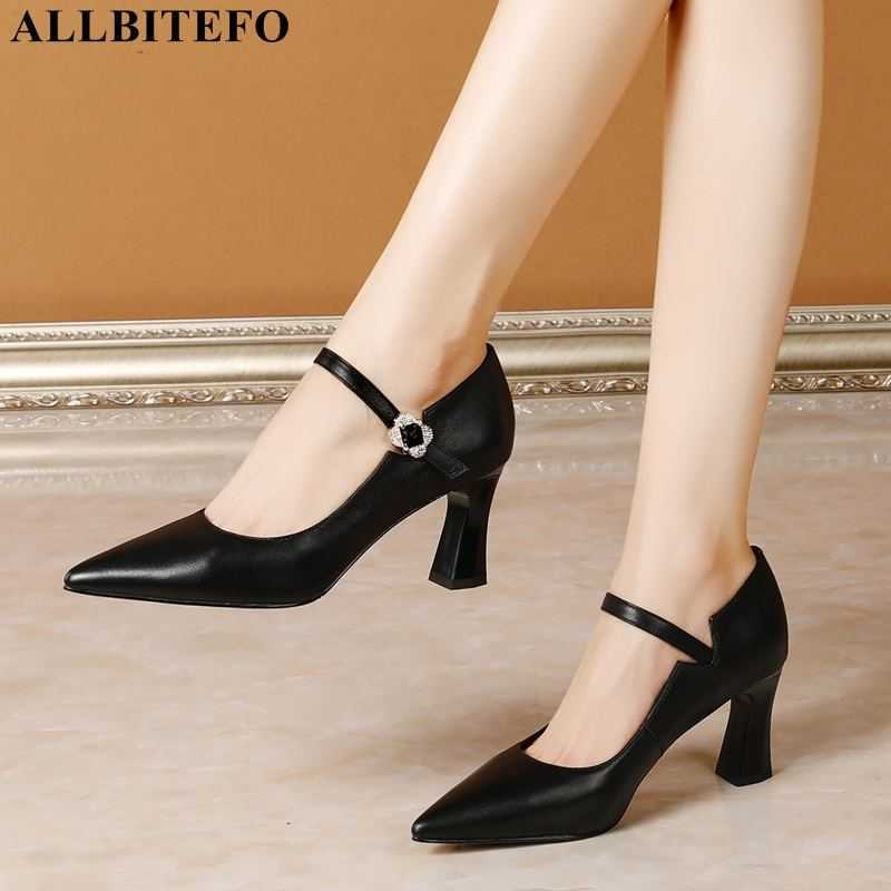 

ALLBITEFO arrive genuine leather brand high heels office ladies shoes ankle buckle woemn high heel shoes wedding women shoes 210611, As picture