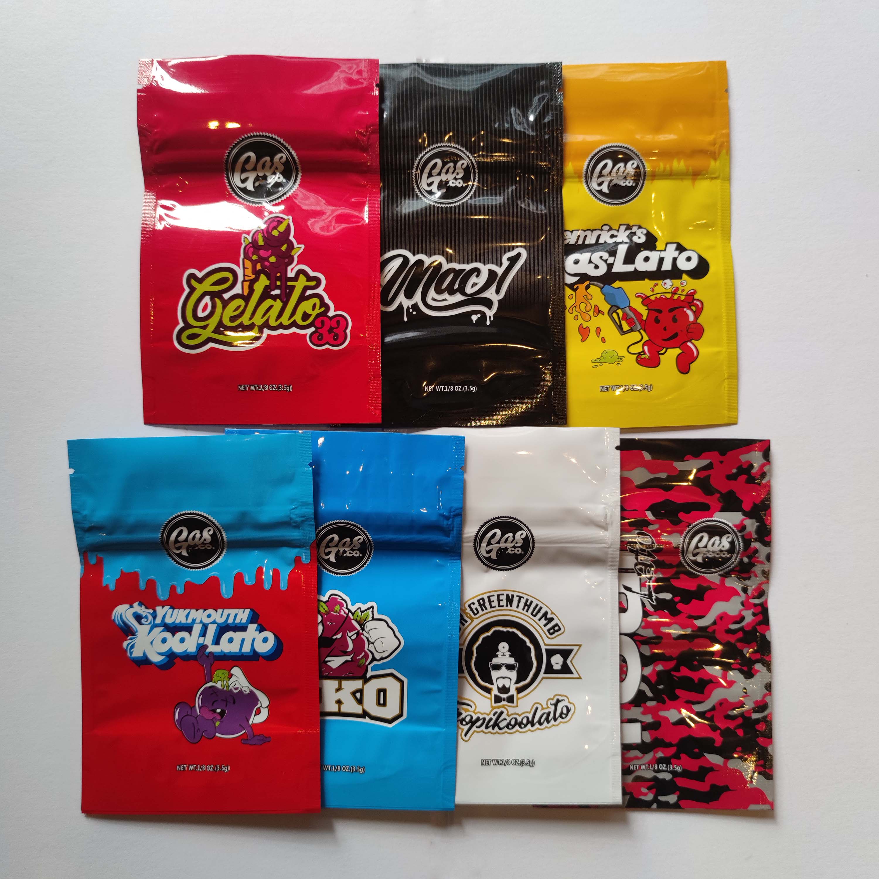 

Gasco Retail Package Bag 7 Types Flower stand up edibles Mylar Bag 3.5g 1/8oz Storage Packaging for California Gas Co zipper bags