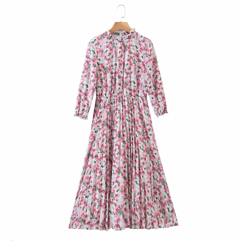 

Casual Dresses Women Sprint Floral Print Za Pink Long Chiffon Female Ruffles Collar High Waist Pleated Slim Dress Chic SL10