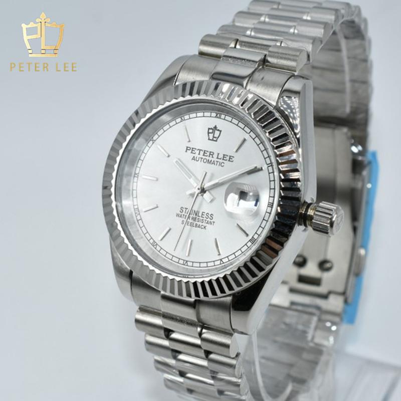 

Wristwatches PETER LEE High Quality Men 40mm Mechanical Watch Vintage Design Gold Stainless Steel Auto Date