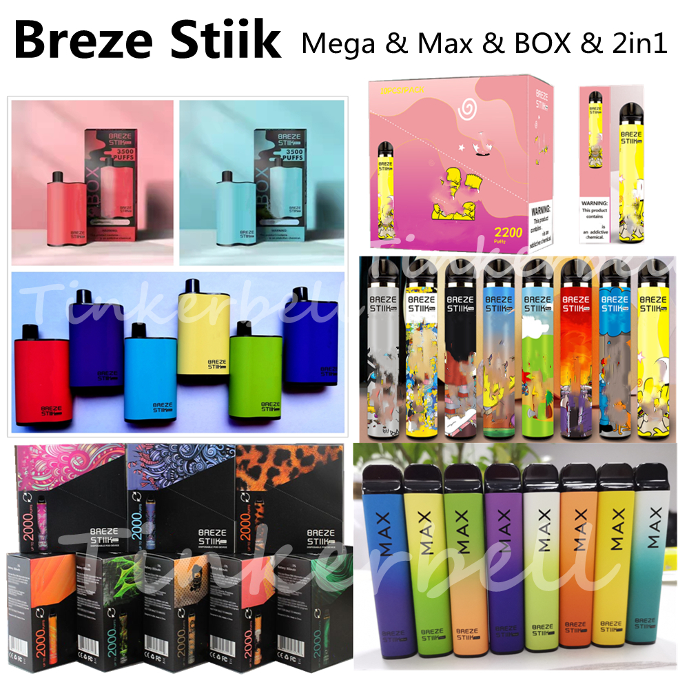 

100% Original Breze Stiik Mega Max 2in1 BOX Electronic Cigarettes Vape Pen 1800 2000 3500 2200 Puffs Disposable Device 8 Colors 950mah 6ML Strater Kits