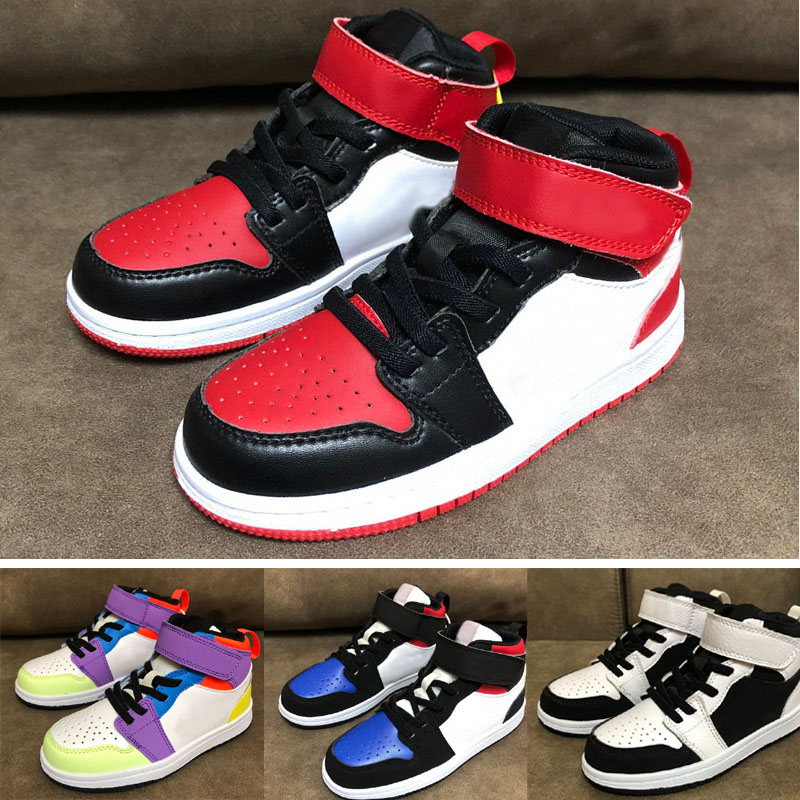 

2021 Chicago 1 1s Red Mid Magic Button Basketball shoes Jumpman Children Boy Girl Kid youth sports skate sneaker trainers EUR 24-35, Black