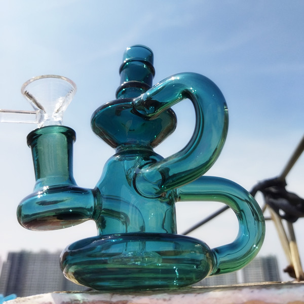 

Dark Green Bongs Recycler Dab Rig Thick Smoking Hookah 14mm Joint Glass Bong Cheap Glass Water Bongs Buoy Base Bong