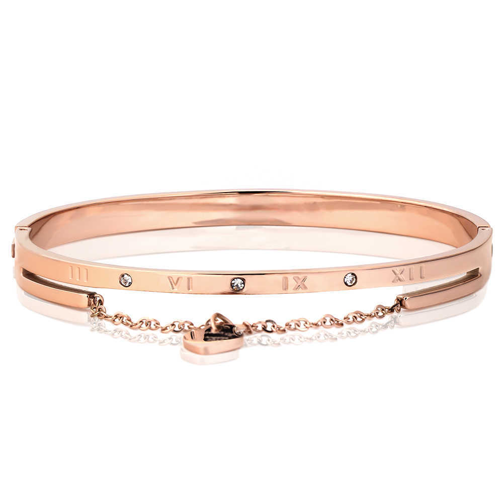 

Heart Charm Elegant Bangle Bracelet for Women Rose Gold Color Stainless Steel Stellux Austrian Crystal with Roman Letter Q0719
