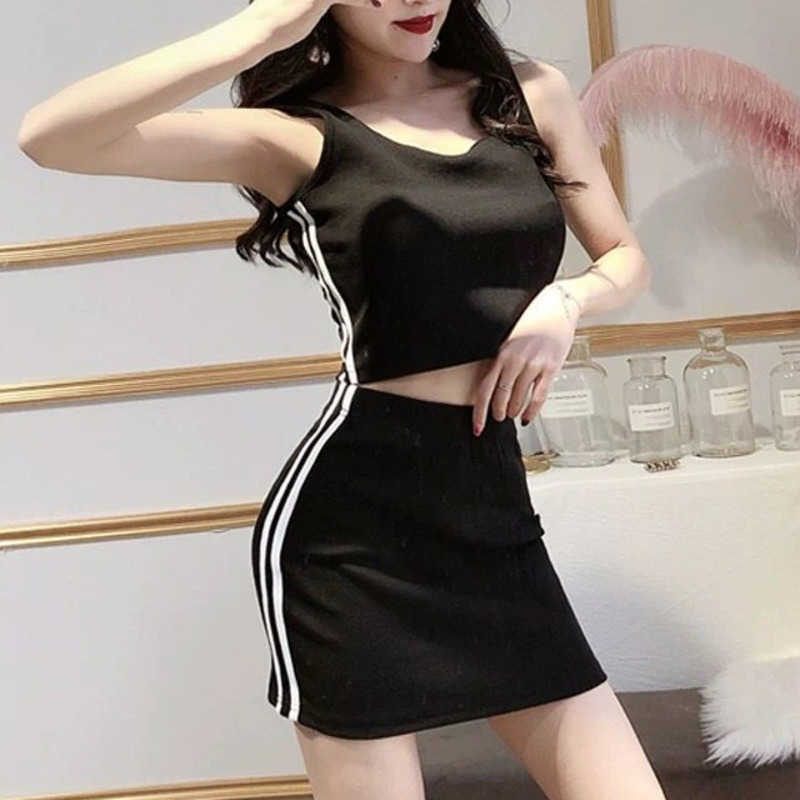 

Summer Tops Side Stripe Tank Sexy Short T Shirt + Slim Hip Mini Striped Skirt Casual Suit Two Piece Korea Women Set YAF6 210603, Gray
