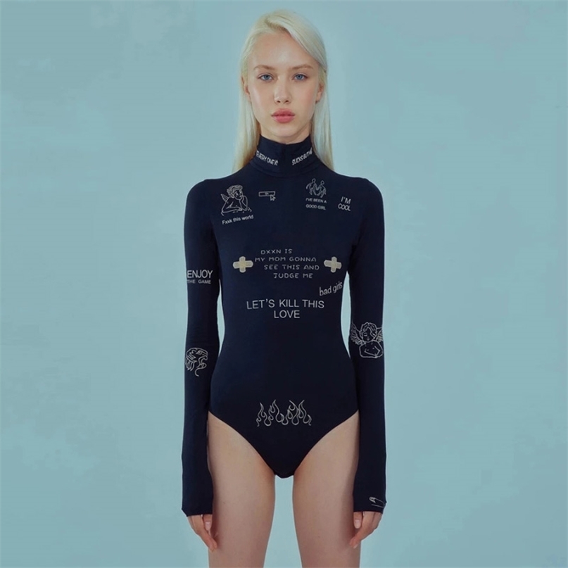 

fashion print letter skinny casual turtleneck long sleeve autumn bodysuit women simple basic wild female 210607, Black