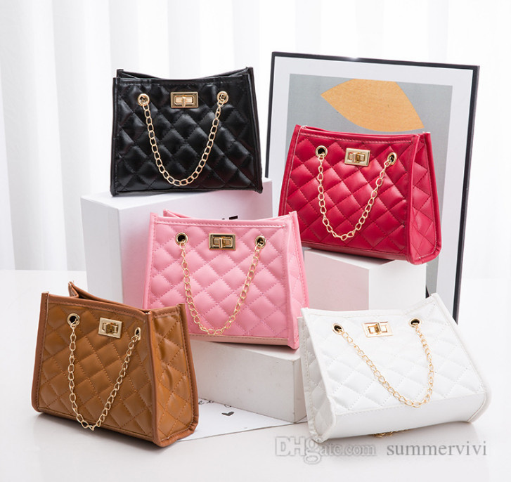 

Lady style kids diamond plaid handbag girls metal buckle chain messenger bags designer women PU leather one-shoulder bag purse Q0253, Mix colors