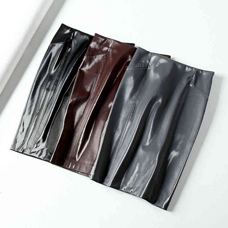 

skirts Women Autumn Winter Shine PU Midi Office Ladies Hip Package Split Glossy Faux Leather Pencil Skirt, Gray