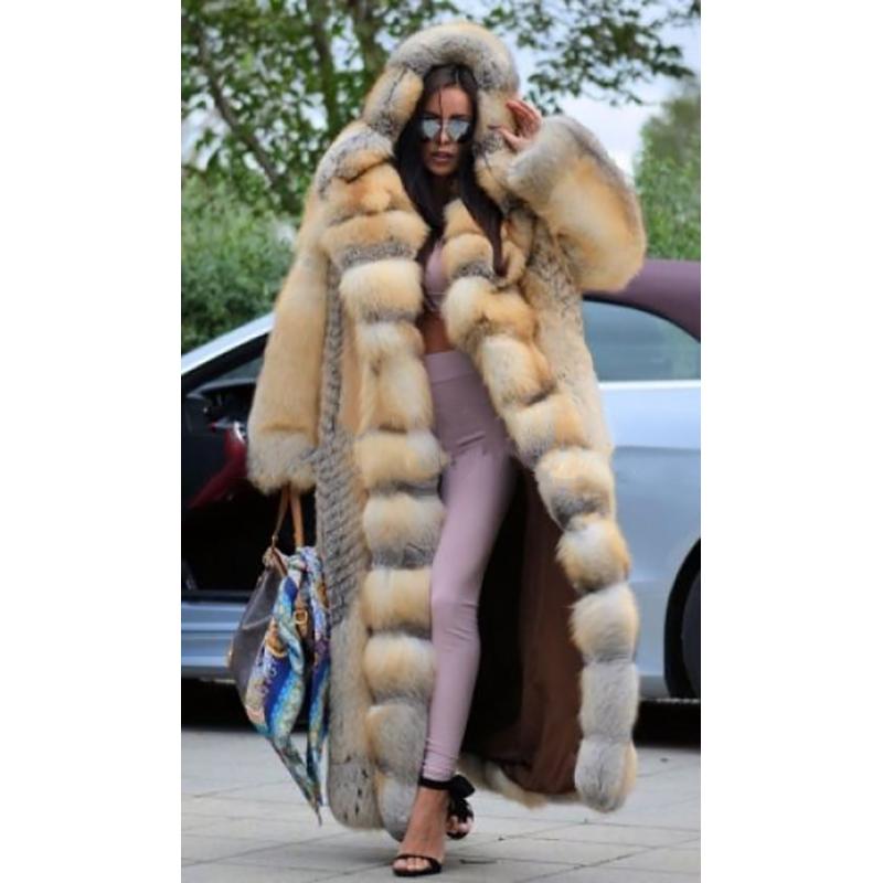 

Women's Fur & Faux FURSARCAR Luxurious Women Real Natrual Jacket With Hood X-Long Plus Size Winter Golden Coat, As pic
