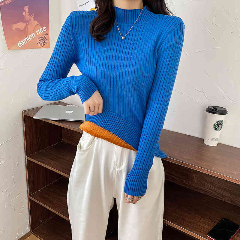 

Velvet Blue Sweater Winter Women Long Johns Elegant Knitted Pullovers Sleeve Cashmere Warm For 210518, Apricot