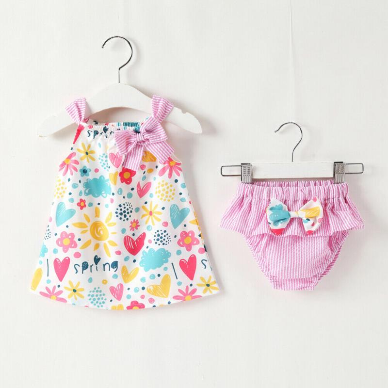 

Clothing Sets Infants Kids Baby Girl Clothes 2PCS Sleeveless Flower Print Tops Dress+Shorts Outfits Summer 0-24M, White