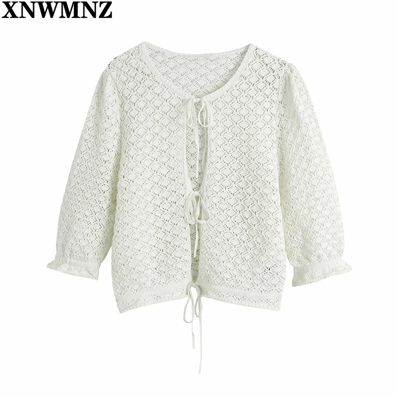 

Women Hollow Out Bow Short Cardigan Vintage Jumper Lady Fashion Knitted Coat Female Tops Women' sweater 210520, Ivory