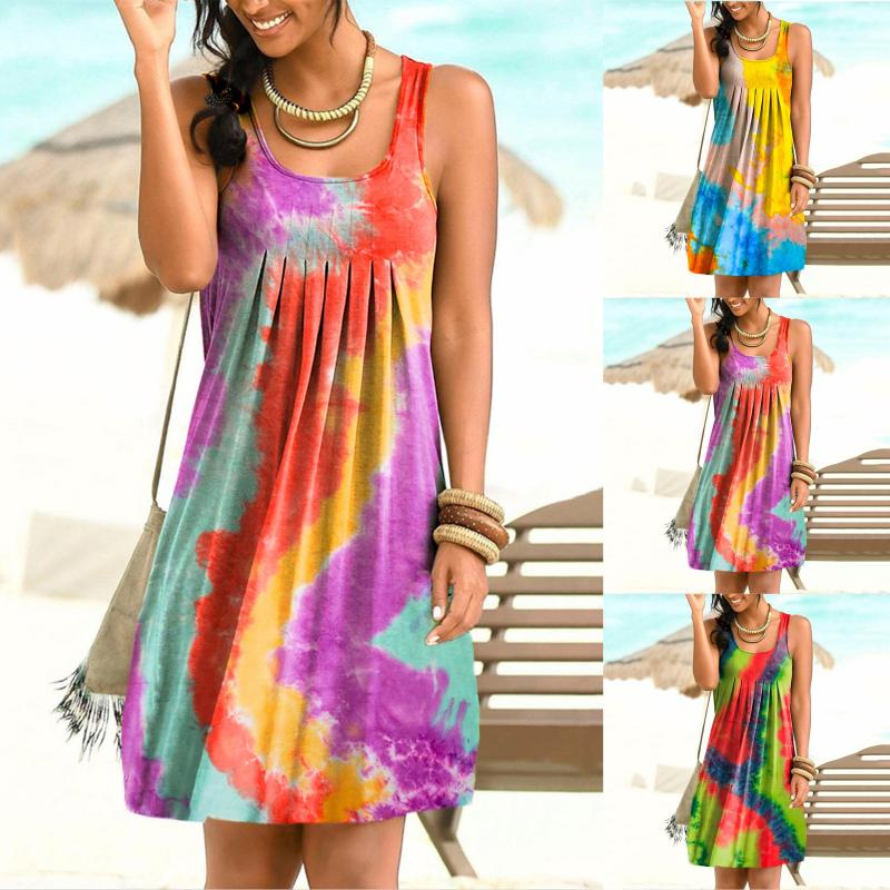 

Casual Dresses Tie Dye Loose Beach Mini Dress Women 2021 Summer Boho Sexy Sleeveless Floral Print Plus Size Vestidos