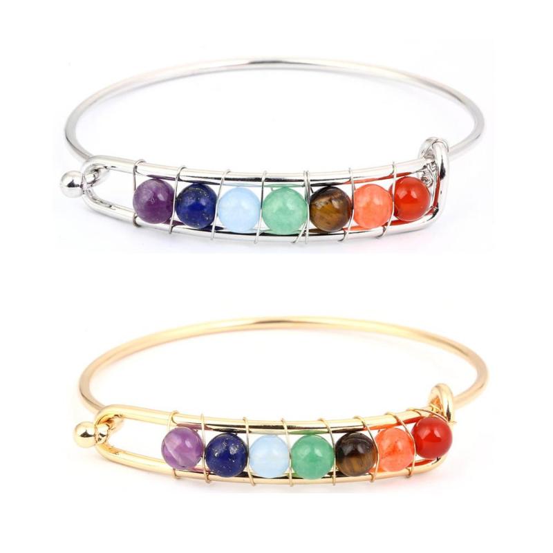 

Charm Bracelets Metal Wire Wrapped Semi-precious Stone Bangle Bracelet With 7 Color Chakra Energy Factory Jewelry, Golden;silver