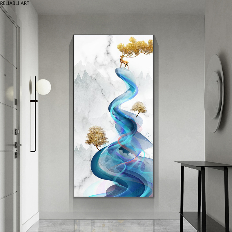 

Modern Luxury Room Decors Abstract Landscape Blue Ribbon Gold Tree Deer Mountain Canvas Painting Corridor Decorative Art Picture