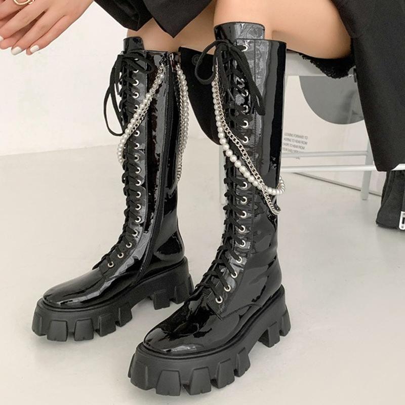 

Boots Lucyever 2021 British Style Platform Knight Women Pearls Chain Patent Leather Knee High Woman Black Motorcycle Botas