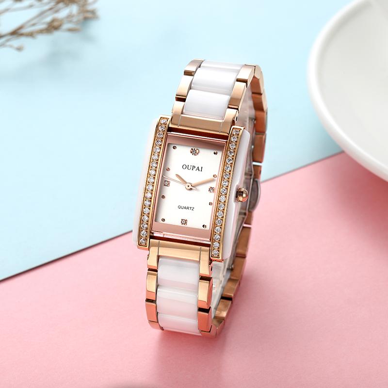 

Wristwatches OUPAI Arrival 2021 Square White Ceramic Watch Women Sapphire Waterproof Business Lady Luxury Quartz, Rose golden 80019