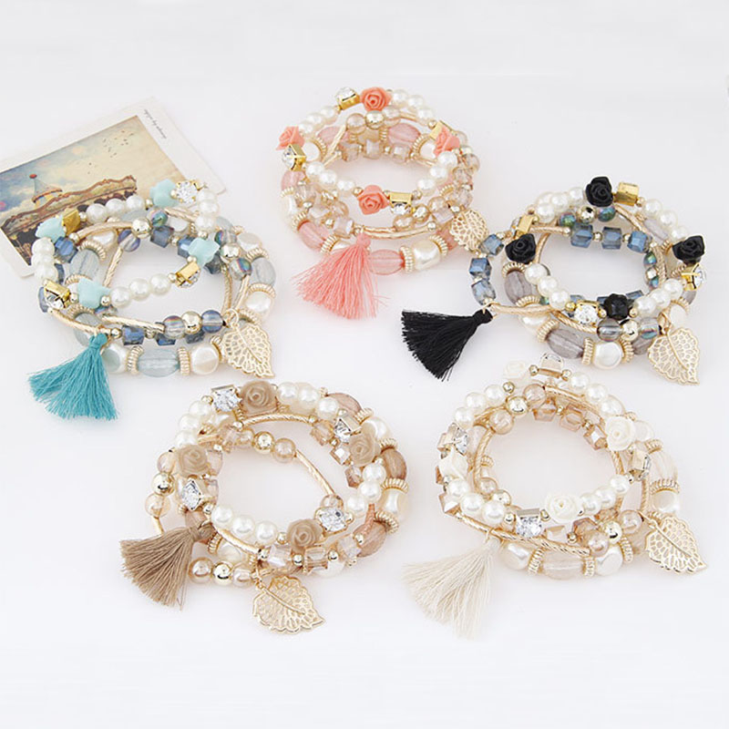 

Bracelets Punk fashion Pearl Geometric Beaded Strands Chain metal crystal beads leaves Leaf Wild temperament tassel multilayer bracelet trend Boho