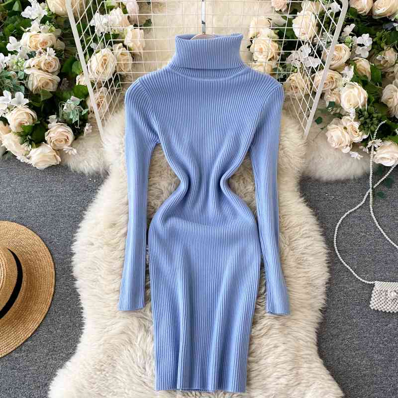 

Fashion Autumn Winter Turtleneck Sweater Women Long Sleeve Slim Bodycon Dresses Ladies Solid Casual Knitted Short Dress 210602, Rose red