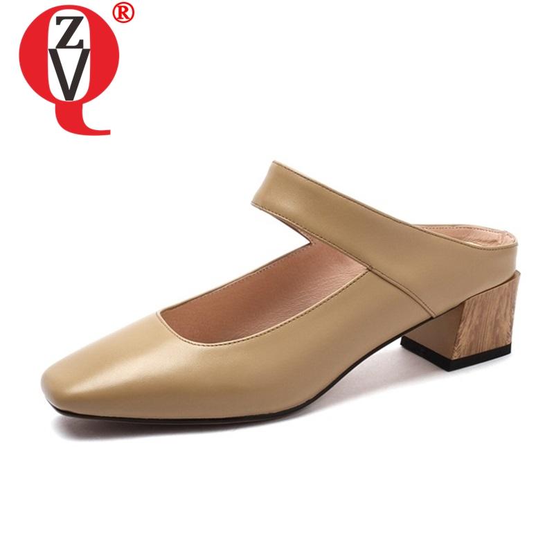 

Slippers ZVQ Brand High Quality 2021 Summer Fashion Genuine Leather Shoes Woman Open Heel Office 4 Cm Date, Black