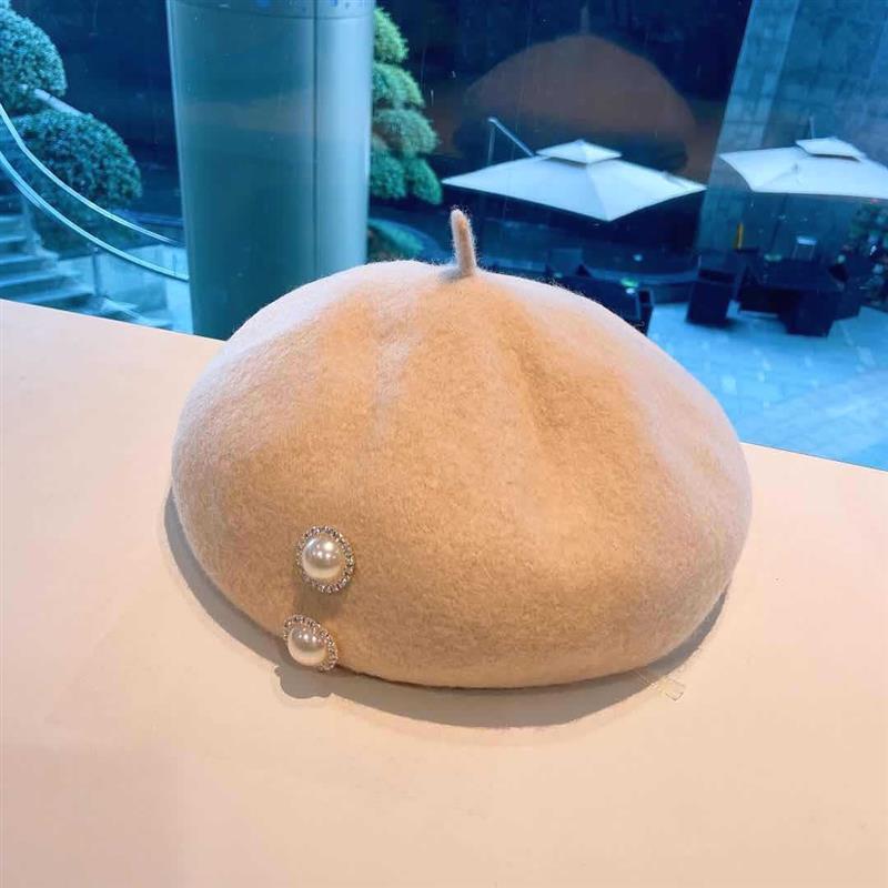 

Berets Fashion Autumn Woolen Pearls Girls Beret Antique Elegant British Style Bonnet Female Winter Painter Hats, Beige