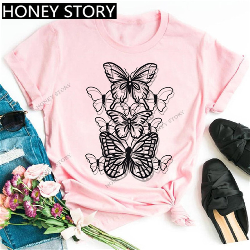 

Wholesale black and white simple butterfly series printed ladies pink round collar T-shirt Modal cotton comfortable jacket fashion round collar large size, 01