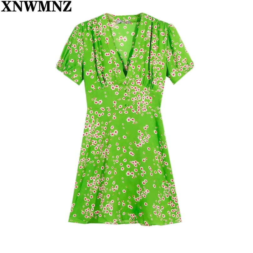 

Korean Style Green Floral Print V Neck Women Summer Dress Chic Lantern Sleeve High Waist Female Short Dresses Robe 210520